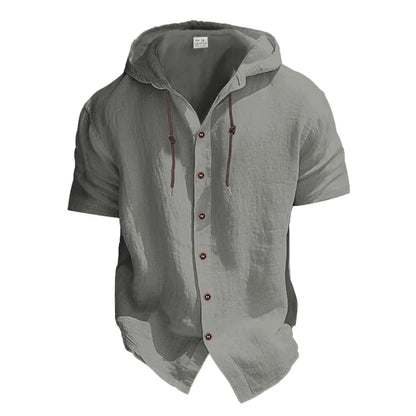 Summer cotton linen men's short sleeved shirt in US size solid color hooded casual T-shirt plus size men's clothing