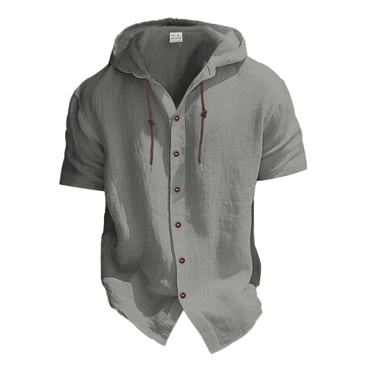 Summer cotton linen men's short sleeved shirt in US size solid color hooded casual T-shirt plus size men's clothing