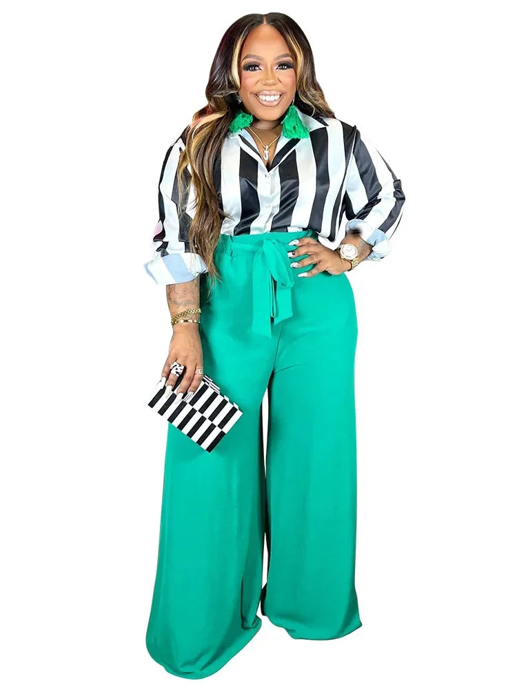 Wmstar Plus Size Women 2 Piece Clothes Print High Waist Long Sleeve Top Wide Leg Fashion Office Lady Casual Matching Pants Sets