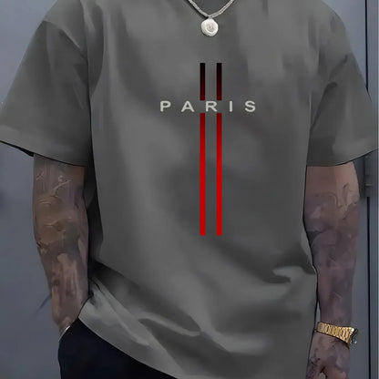 Summer men's 100% pure cotton casual loose fit plus size PARIS letter pattern printed round neck short sleeved T-shirt top