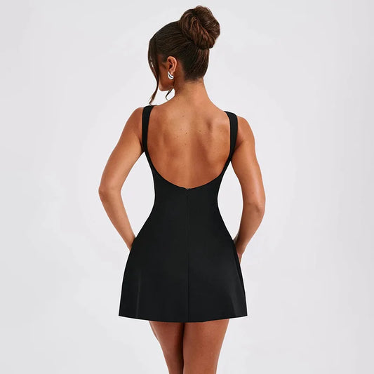 2024 Elegant Slim Solid Mini Dress For Women Summer O-neck Backless A-line Dress Black Sleeveless Office Lady Party Dress