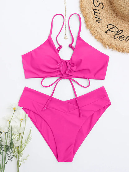Summer Women's Leopard Patchwork Swimsuit Sexy Back Cross Lace-Up Swimwear High Waist Bikini Set Push Up Bathing Suit Beachwear