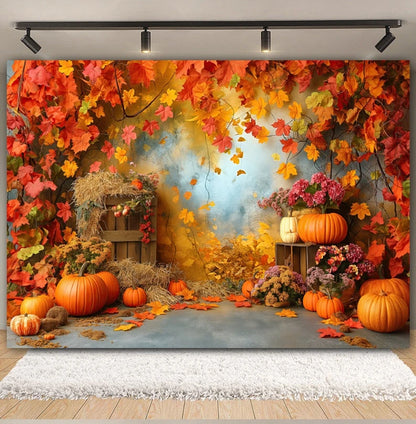 Autumn Backdrop Maple Pumpkin Maple Leaves Forest Haystack Harvest Thanksgiving Baby Portrait Photography Background Photobooth