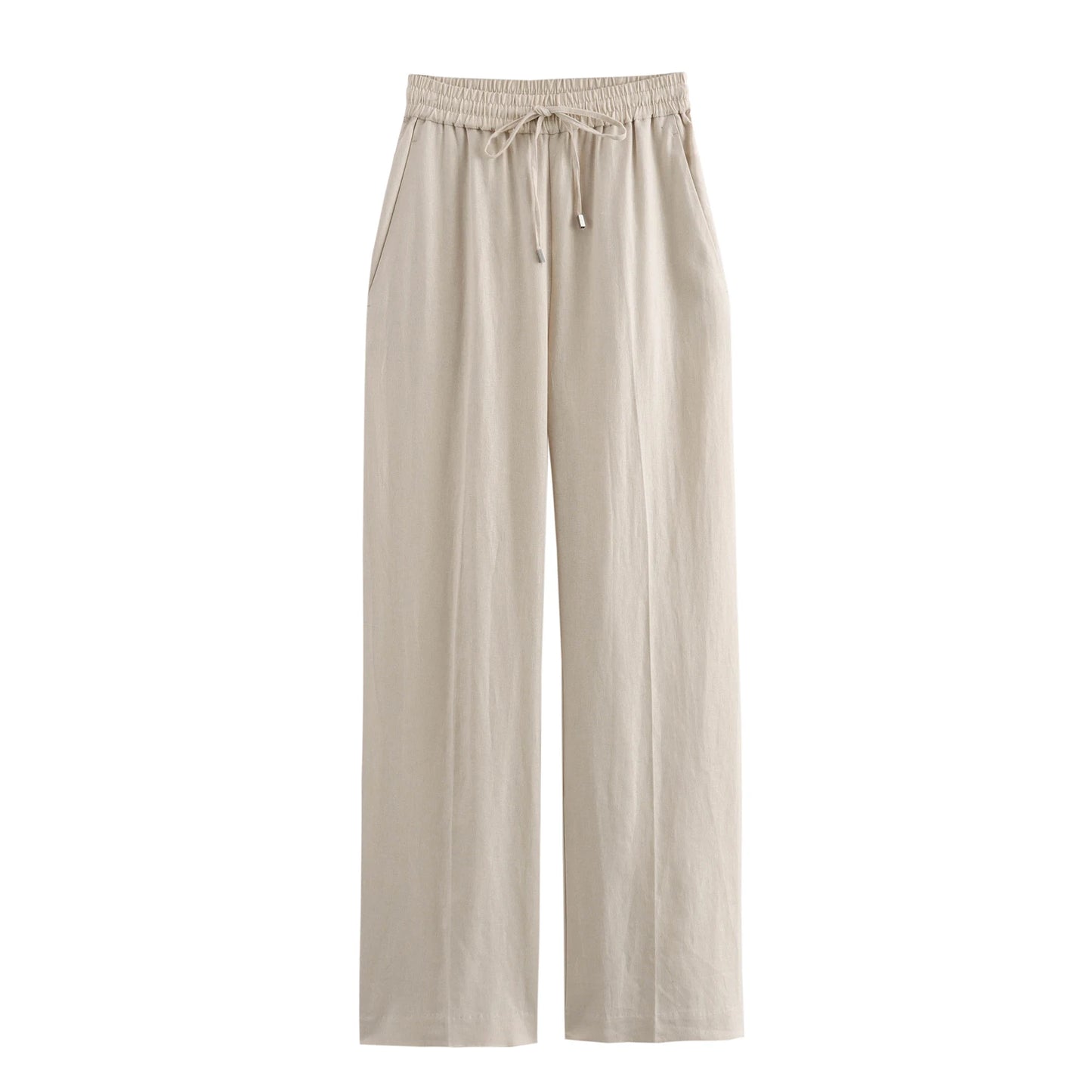 TRAF Women Fashion Spring Summer Lace-up Linen Blended Straight Pants Pocket Office Lady Chic High Waist Trousers Mujer