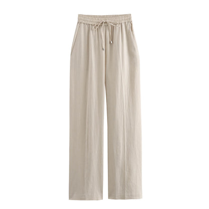 TRAF Women Fashion Spring Summer Lace-up Linen Blended Straight Pants Pocket Office Lady Chic High Waist Trousers Mujer