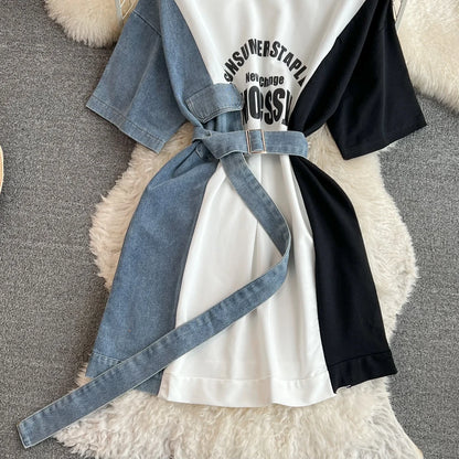 XFPV 2025 Summer Fashion Short Sleeve Round Neck High Waistband Slim A-line Denim Printed Patchwork Dress For Women SM11498