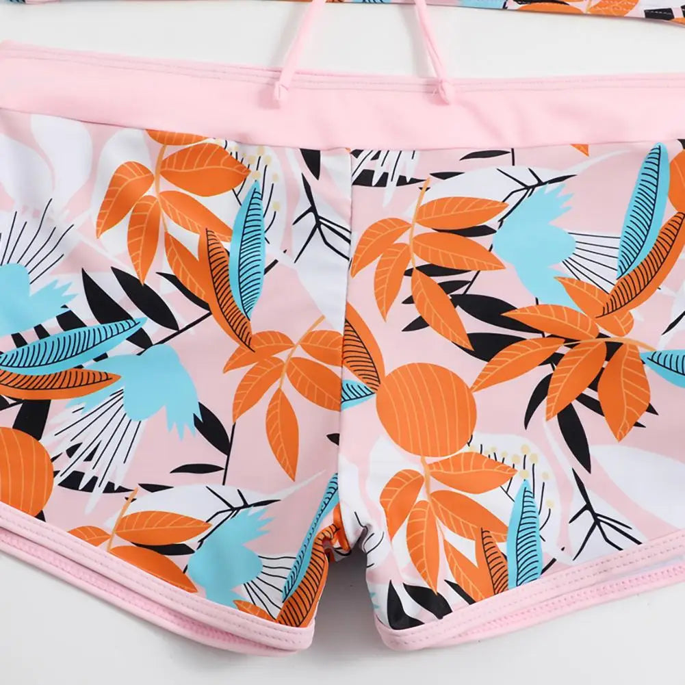 2Pcs/Set Bikinis Set Bowknot Decor Floral Print Bikini Backless Halter Bra High Waist Beachwear Female Beach Clothing