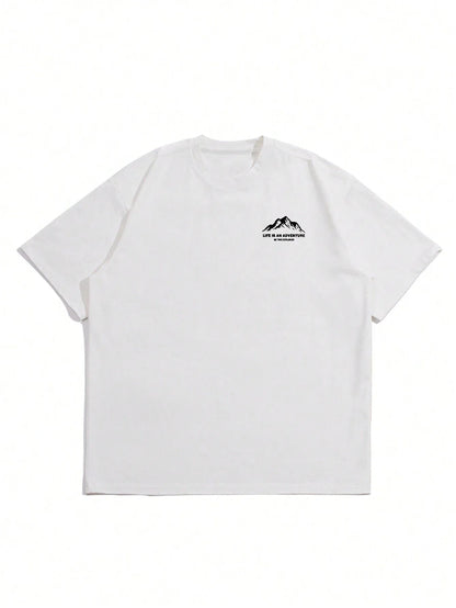 Summer men's 100% pure cotton casual loose plus size Letter And Mountain pattern printed round neck short sleeved T-shirt top