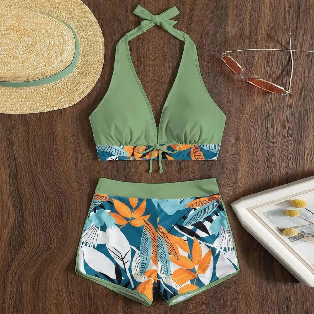 2Pcs/Set Bikinis Set Bowknot Decor Floral Print Bikini Backless Halter Bra High Waist Beachwear Female Beach Clothing
