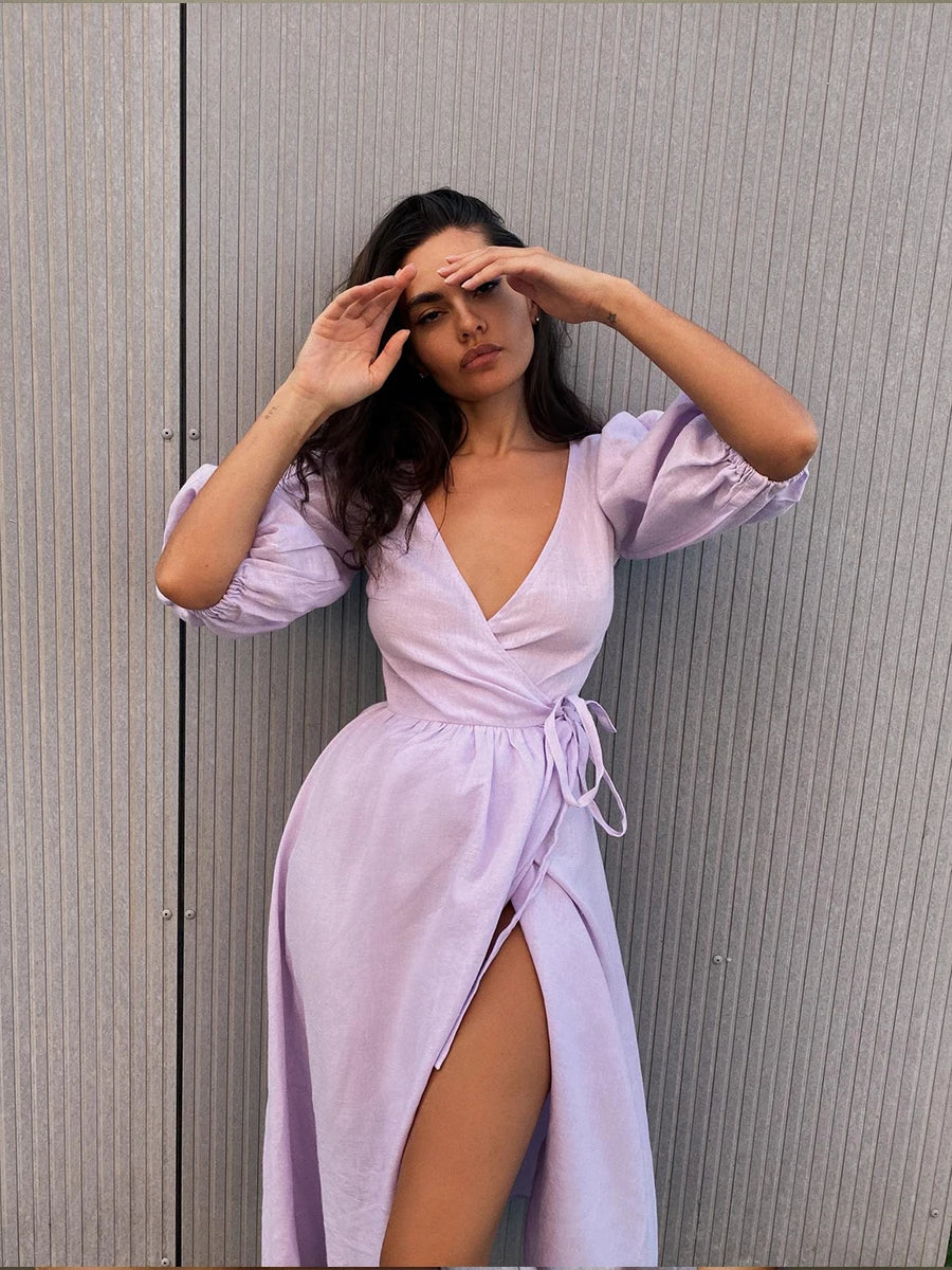 Bornladies 100% Cotton V-neck Waist Cinched Dress Unique Lantern Sleeve Sexy Slit Long Skirt Fashionable Women's Casual Dresses