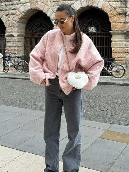 Wolfeel Women's Chic Short Fur Jackets Loose Casual Cardigan Female  Autumn Winter Thick Warm Fashion Solid Color Short Coat