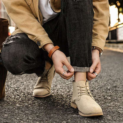 British Style Brown Men’s Suede Leather Boots Comfort Chelsea Boots Men Lace-Up Pointed Ankle Boots For Men botas para hombre