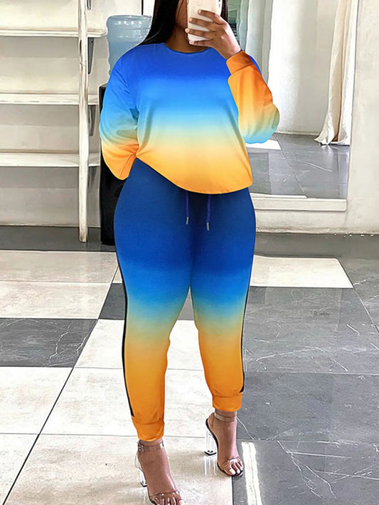 4XL 5XL LW Women Autumn&Winter Plus Size Casual Gradient Print Striped Drawstring Long Sleeve Round Neck Two Pieces Pants Set