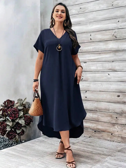 2024 Spring and Summer Cross border European and American New Large Women's Fashion Casual V-neck Dress for Women Plus Size