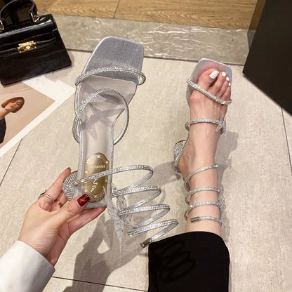 Xibeilove 2024 Summer Luxury Women Sandals Crystal Square Head Gold Rhinestone Snake Pattern High Heels Wedding Party Shoes