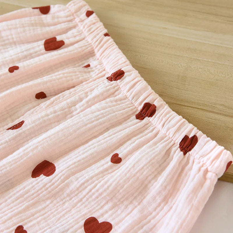 2025 New Spring and Autumn Women's Pajama Set 100% Cotton Crepe Long Sleeve Long Pants Two Piece Set Love Sweet Home Clothes