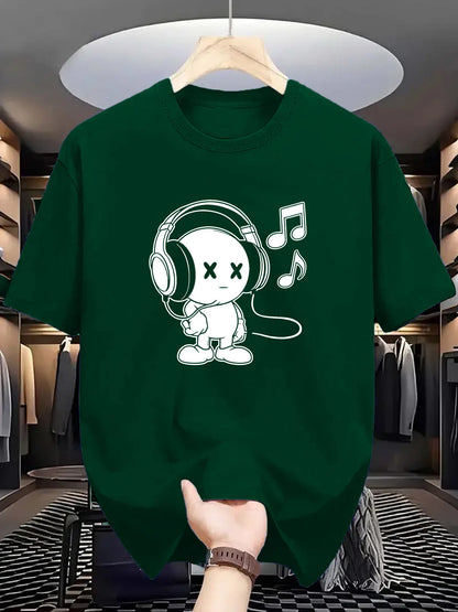 Summer men's 100% cotton casual loose fit plus size music themed printed comfortable sports round neck short sleeved T-shirt top