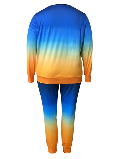 4XL 5XL LW Women Autumn&Winter Plus Size Casual Gradient Print Striped Drawstring Long Sleeve Round Neck Two Pieces Pants Set
