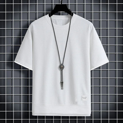 1pcs Men Summer T-Shirt Man Short Sleeved Waffle Solid T-Shirt Male Solid Color Casual Tee Round Men's Round Neck Fashion Top