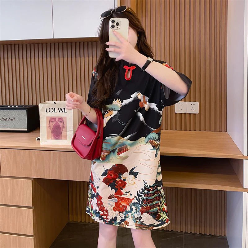 Summer Chinese Style Vintage Printing T-shirt Mini Dress Ladies Short Sleeve Loose Casual A-line Robe Women Stand Collar Vestido