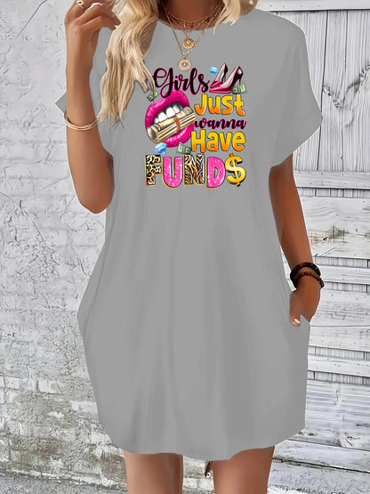 Women's summer lip print high heels pattern print casual loose plus size street wear round neck short sleeved pocket dress