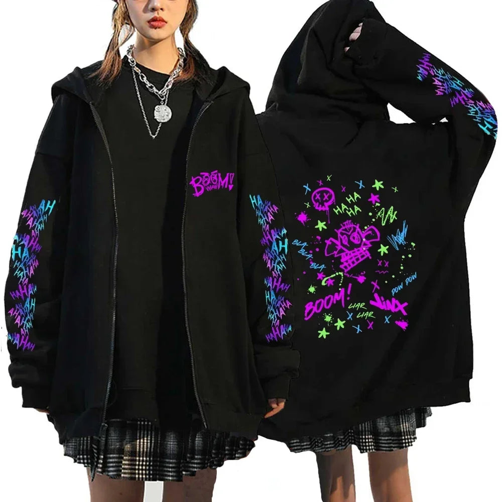 Arcane-Jinx Zipper Hoodie Monkey Graffiti Zip Up Jacket Men Women Game Lover Popular Sweatshirts HipHop Streetwear Pullover Gift