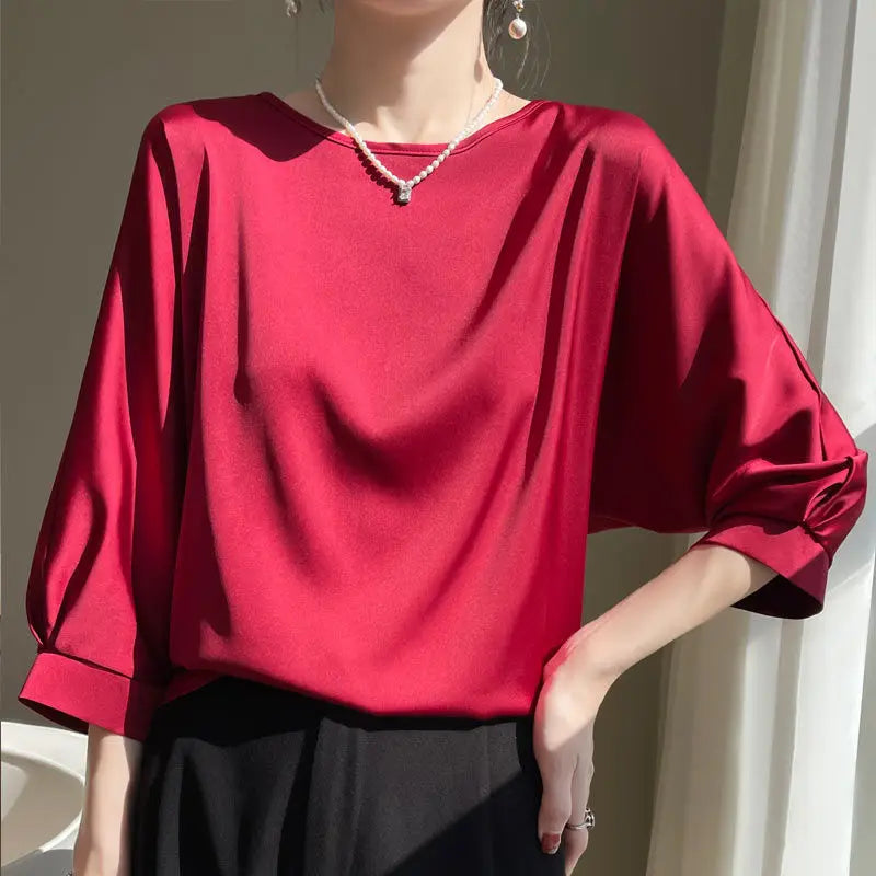 2025 New In Summer Satin Silk Half-Sleeve Tee Tops Basic Solid Women‘s T-Shirt Casual O-neck Thin Shirts Ladies Loose Blouses