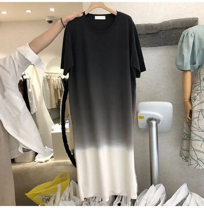 Street Casual Gradient Loose T Shirt Dress Summer New Short Sleeve O-Neck All-match Midi Dress Fashion Trend Women Clothing