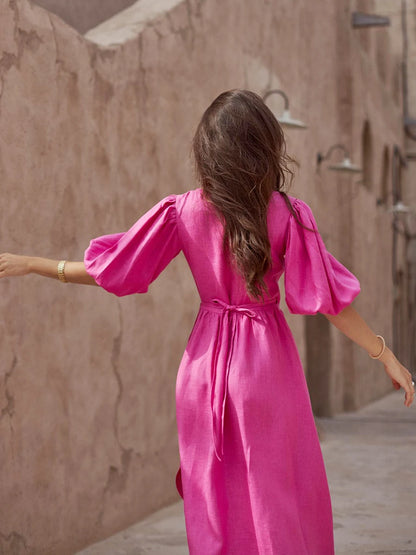 Bornladies 100% Cotton V-neck Waist Cinched Dress Unique Lantern Sleeve Sexy Slit Long Skirt Fashionable Women's Casual Dresses