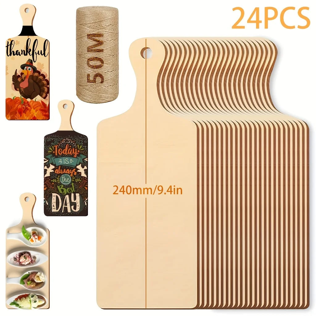 6pc/12pcs/24pcs(long Handle,9.4 x 3.5inch ) 50m Hemp Rope Mini Wooden Cutting Board with Handle Thanksgiving Small Chopping Boar