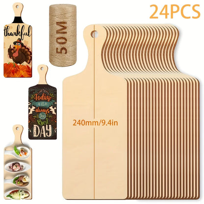 6pc/12pcs/24pcs(long Handle,9.4 x 3.5inch ) 50m Hemp Rope Mini Wooden Cutting Board with Handle Thanksgiving Small Chopping Boar