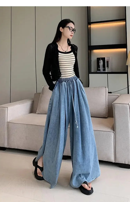 2024 Autumn New Loose-Fit Plus Size Women's Jeans Slimming Wide-Leg Ground-Length Simple Style Casual Ladies Pants