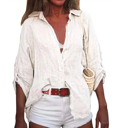 Summer Plus Size Cotton Linen Solid Color Seven-Point Sleeve Shirt V-Neck For Ladies Loose Casual Lightweight Camisas De Mujer