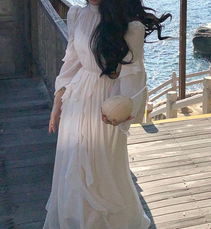 Beach Style Chiffon Y2k Mini Dress Office Lady Casual Long Sleeve Elegant One Piece Dress Korean Fashion Clothing Summer 2023