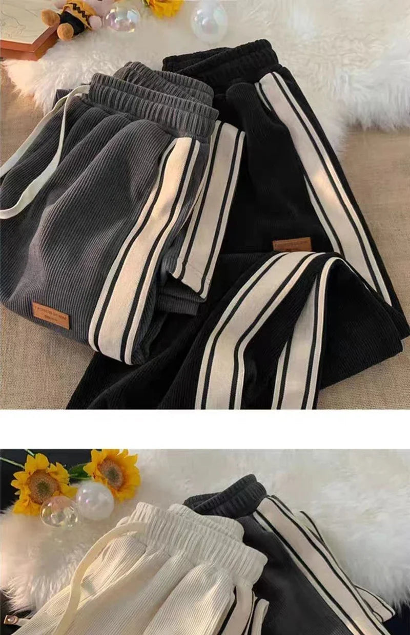 2024 Corduroy Striped Sweatpants Women Streetwear Thick Wide Leg Pants Y2K Harajuku High Waist Joggers Korean Baggy Trousers
