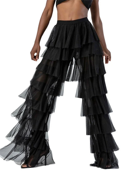 Women Wide Leg Pants High Waist Layered Tulle Pants Loose Beach Long Trousers Streetwear