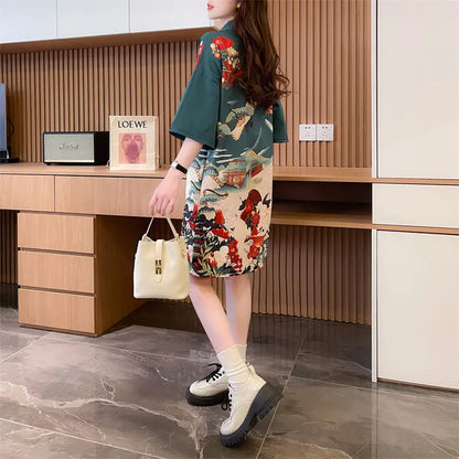 Summer Chinese Style Vintage Printing T-shirt Mini Dress Ladies Short Sleeve Loose Casual A-line Robe Women Stand Collar Vestido