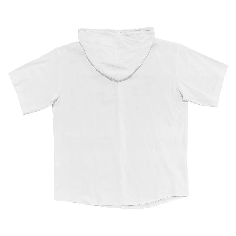 Summer cotton linen men's short sleeved shirt in US size solid color hooded casual T-shirt plus size men's clothing
