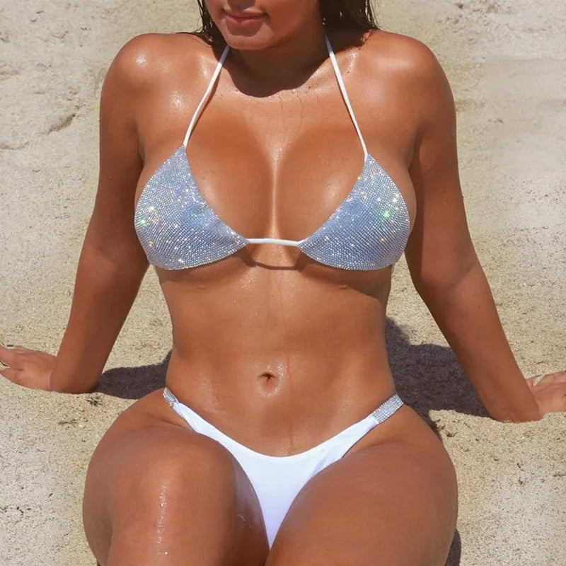 2025 Women's Sequins Micro Bikini Set Halter Backless Swimwear Sexy Low-Cut Swimsuit Push Up Thong Bathing Suit Monokini Biquini