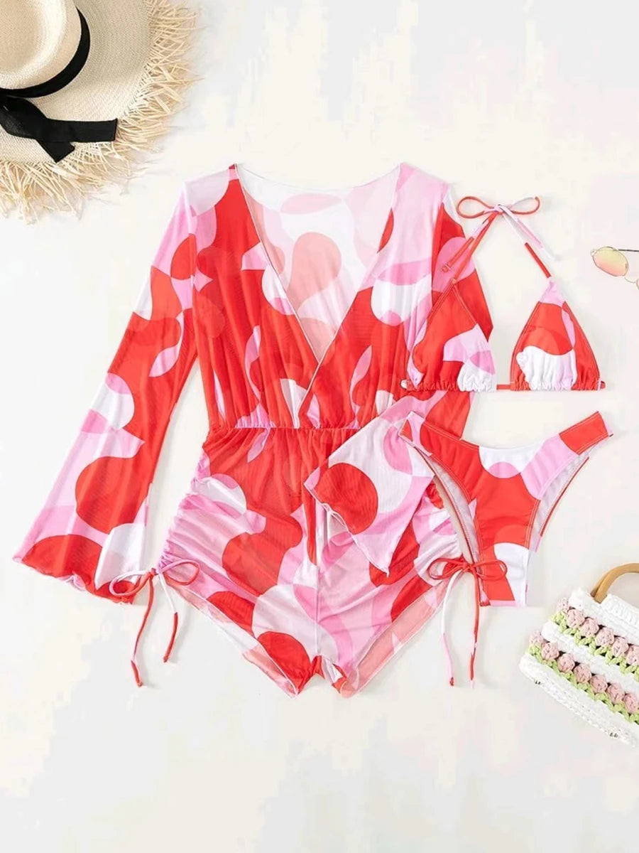 3 Pieces Triangle Halter String Bikini Long Sleeve Swimsuit Women Swimwear Female Bathers Bathing Swimming Swim Suit