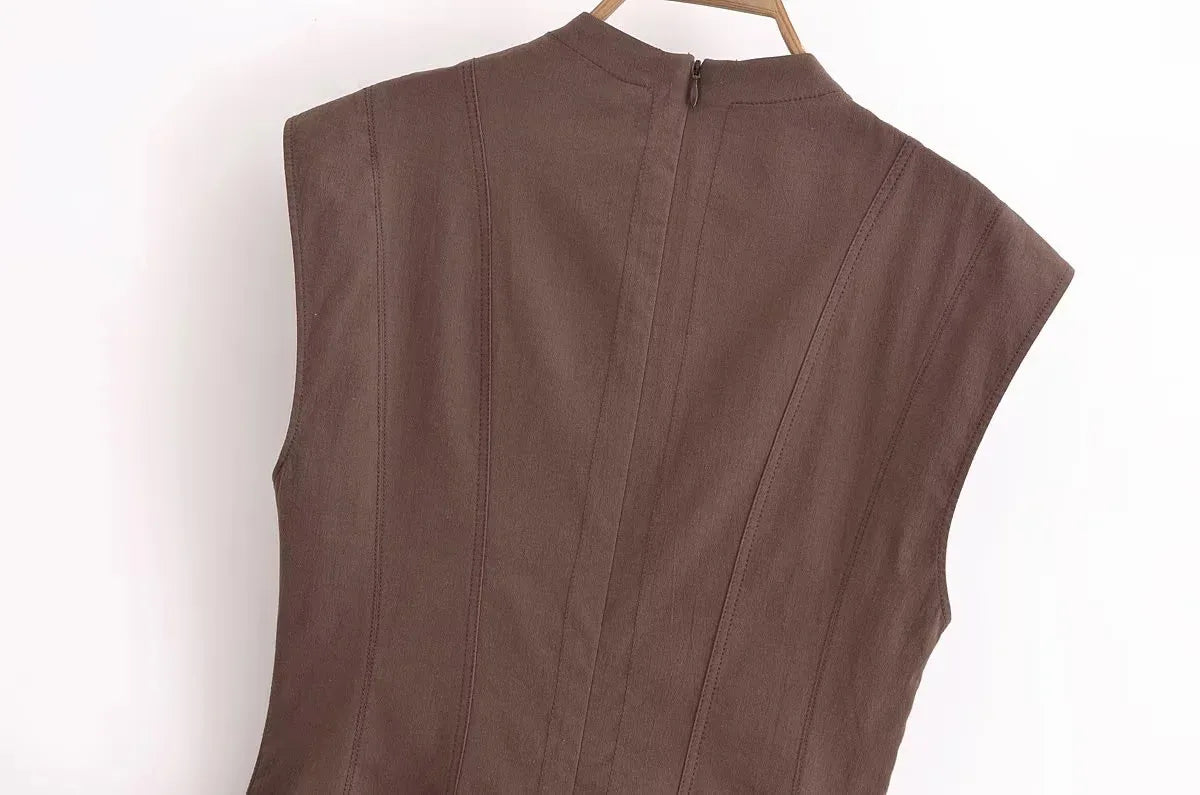 2025 Women Fashion Ruched Short Dress Sleeveless Stand Collar Fold Back Zip Mini Dress Chic Female Evening Party Dresses