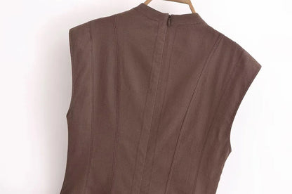 2025 Women Fashion Ruched Short Dress Sleeveless Stand Collar Fold Back Zip Mini Dress Chic Female Evening Party Dresses