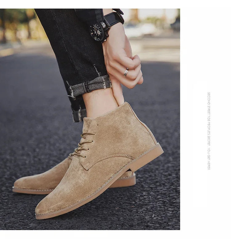British Style Brown Men’s Suede Leather Boots Comfort Chelsea Boots Men Lace-Up Pointed Ankle Boots For Men botas para hombre