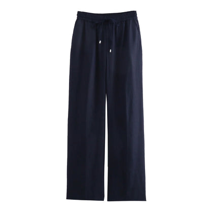TRAF Women Fashion Spring Summer Lace-up Linen Blended Straight Pants Pocket Office Lady Chic High Waist Trousers Mujer