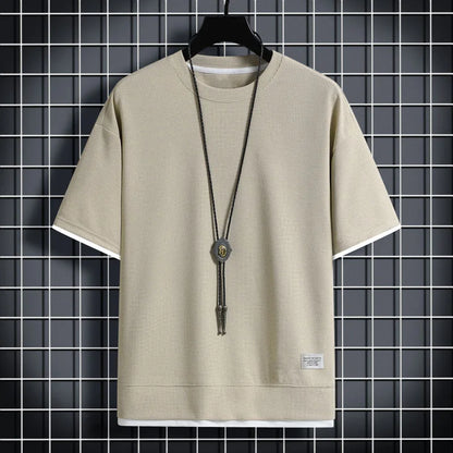 1pcs Men Summer T-Shirt Man Short Sleeved Waffle Solid T-Shirt Male Solid Color Casual Tee Round Men's Round Neck Fashion Top