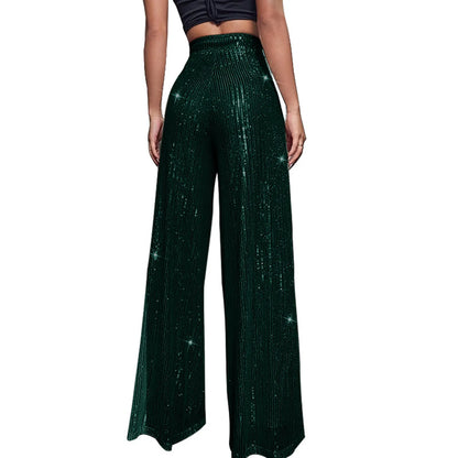 Women's Fashion Solid Color High Waist Sequin Side Zipper Draped Wide Leg Pants Pants for Women Women’s Pants Women’s Pants 2024