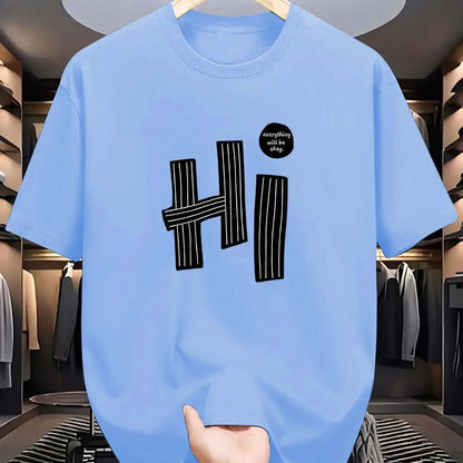 Summer men's 100% pure cotton casual loose fit plus size hi letter pattern  printed round neck short sleeved T-shirt top