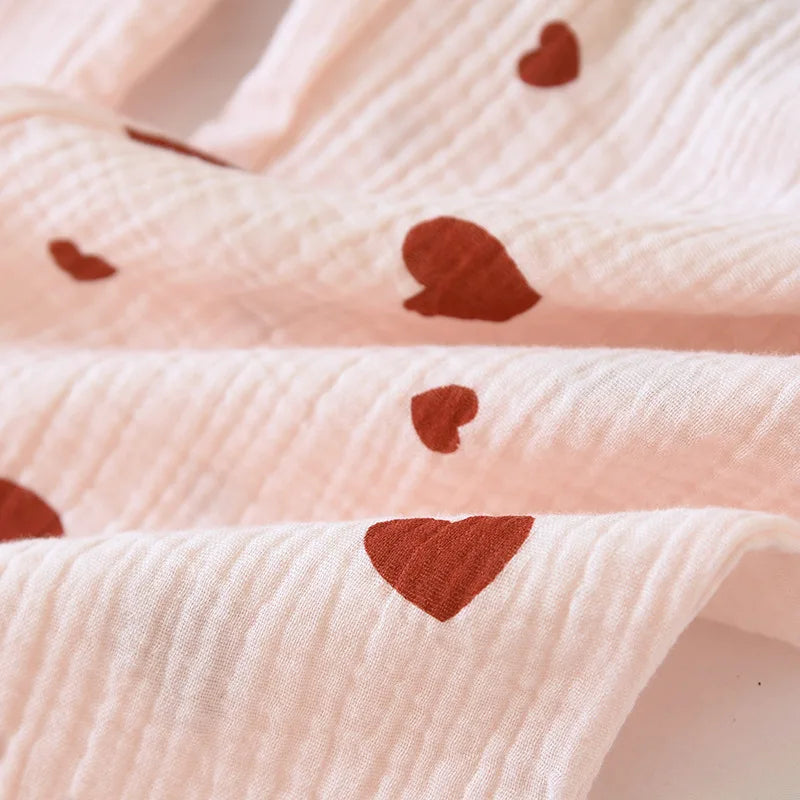 2025 New Spring and Autumn Women's Pajama Set 100% Cotton Crepe Long Sleeve Long Pants Two Piece Set Love Sweet Home Clothes