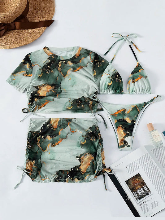 4 Pieces Halter Bikini Swimsuit With Marble Print Cover Up 2025 Swimwear Female Beachwear Bathing Swimming Suit Women Summer