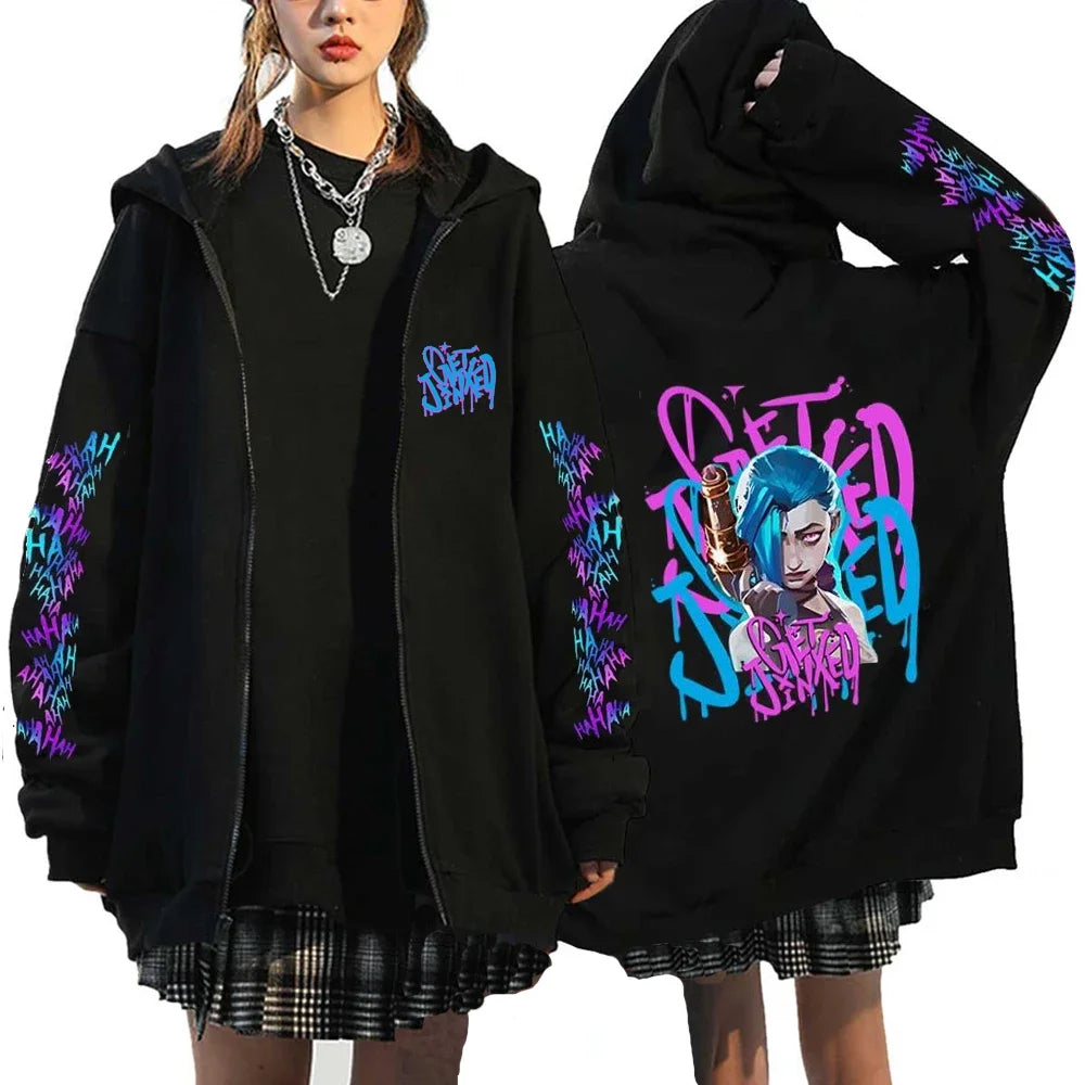 Arcane-Jinx Zipper Hoodie Monkey Graffiti Zip Up Jacket Men Women Game Lover Popular Sweatshirts HipHop Streetwear Pullover Gift